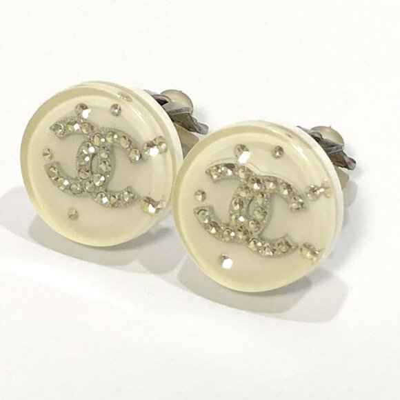 CHANEL CC Logos White Lucite Round Clip-On Earrings Silver Tone 07A Auth j11512 - Picture 11 of 16